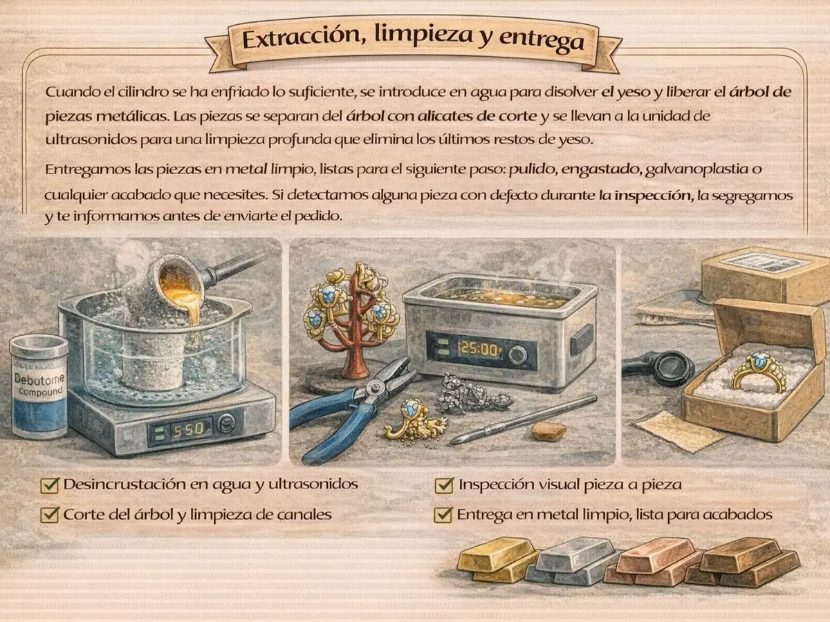 Piezas en metal extraídas del molde, listas para acabados