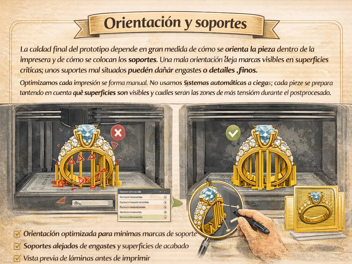Orientación y soportes para impresión 3D de joyería